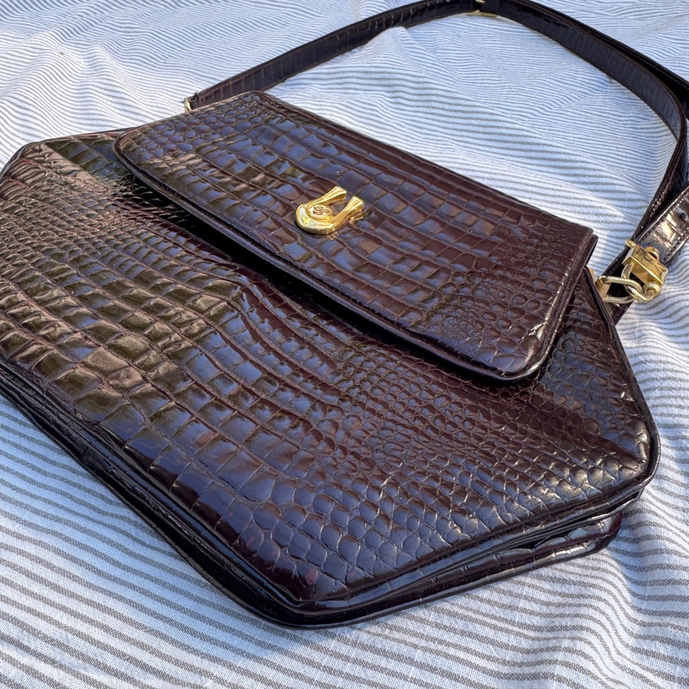 Caggiano Florence Italia Shoulder Bag Red Burgundy Vintage Croc Embossed Leather